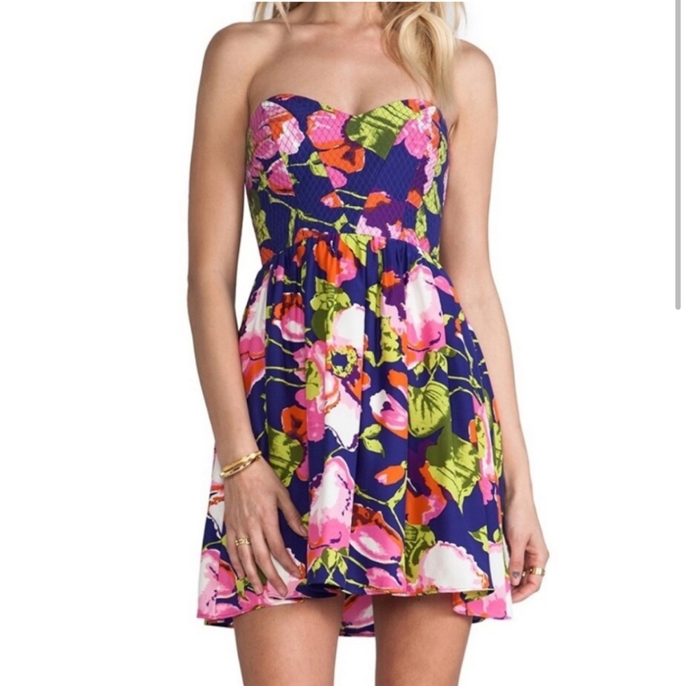 Parker Strapless Jenna Dalia Floral Dress blue pink silk Small